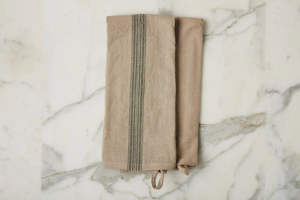Kitchen towels in a spruce green stripe, set of two.