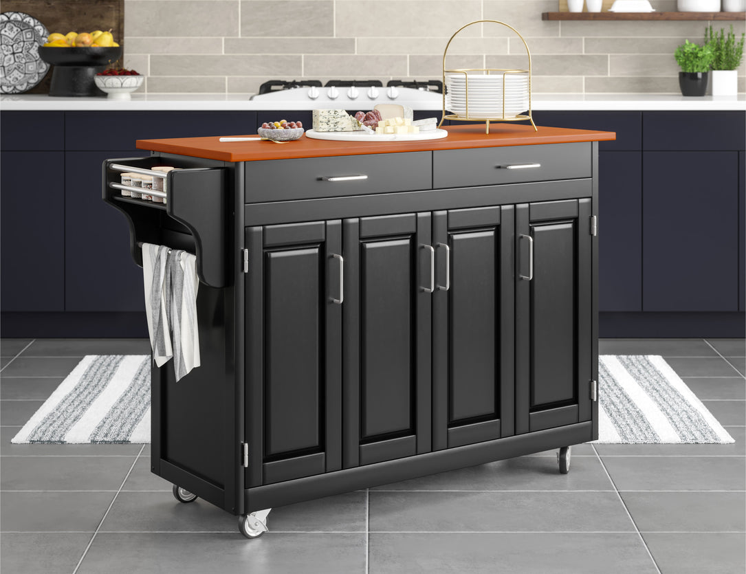 Create-A-Cart Black Kitchen Cart - Brown Wood Top