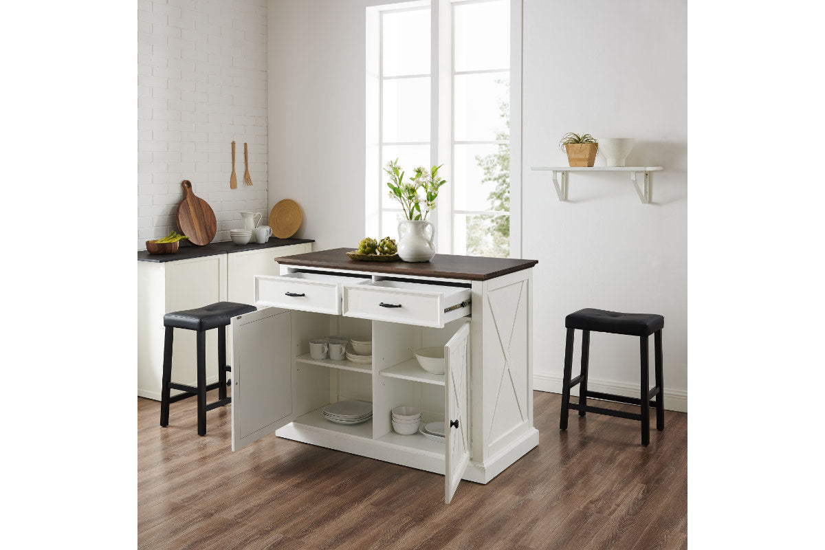 Clifton Kitchen Island W/Uph Saddle Stools - Distressed White