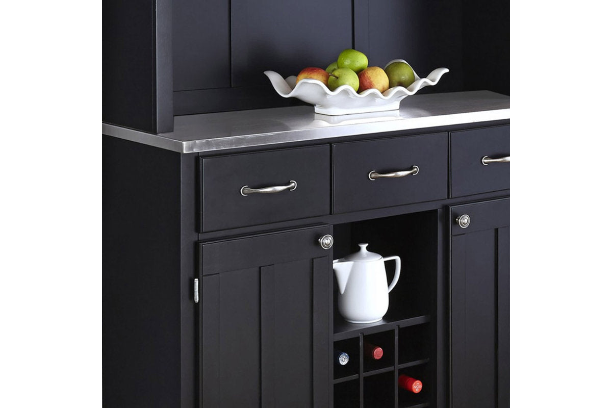 Buffet of Buffets Black with Hutch and Wine Rack - Stainless Steel Top