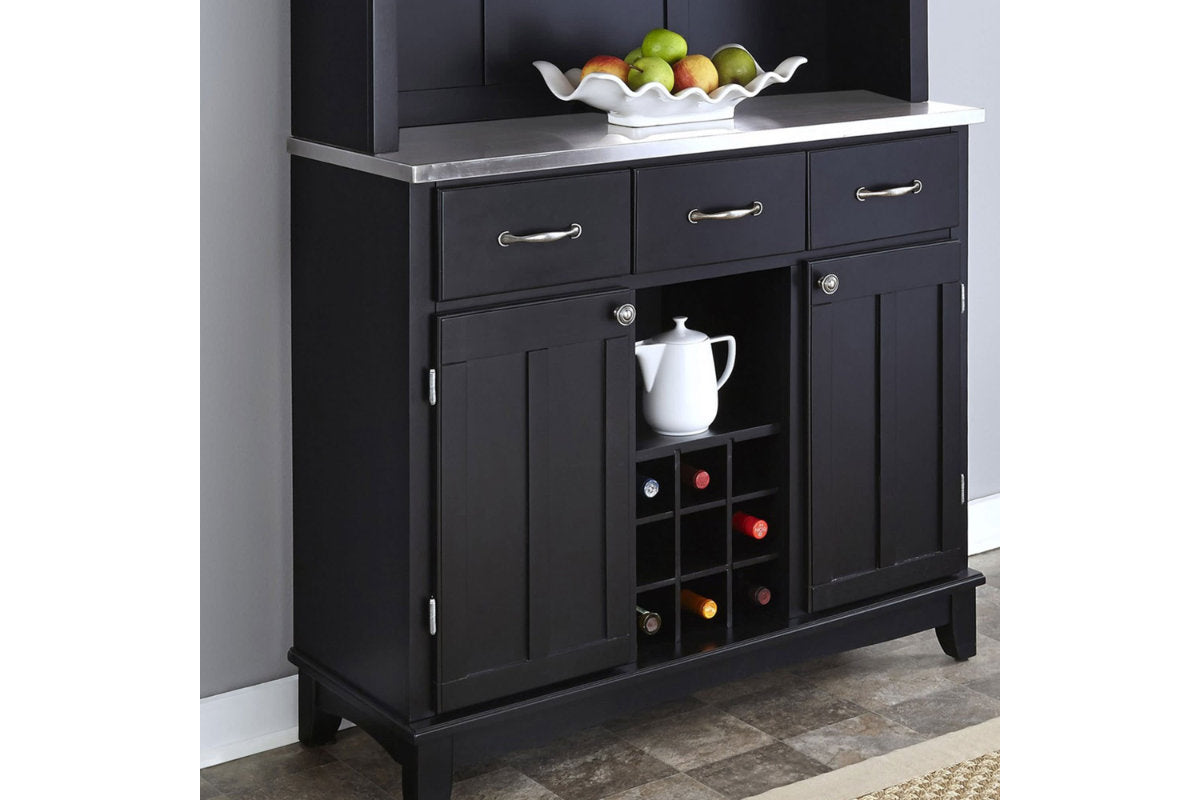 Buffet of Buffets Black with Hutch and Wine Rack - Stainless Steel Top