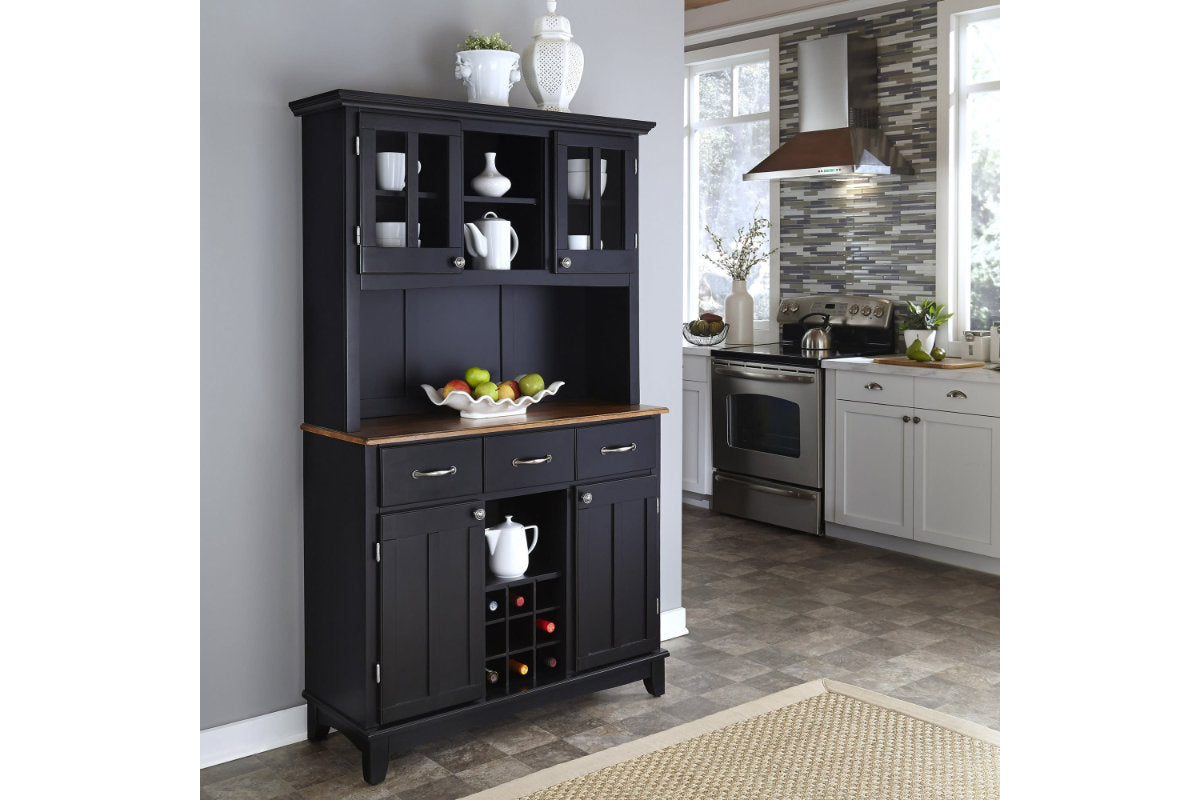 Buffet of Buffets Black with Hutch and Wine Rack - Brown Hardwood Top