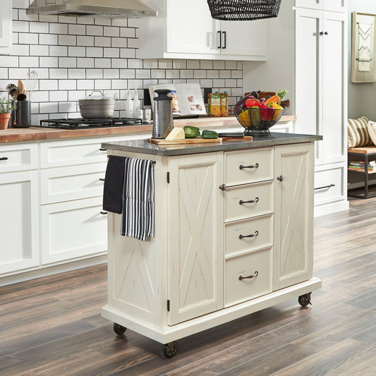 Seaside Lodge Off-White Kitchen Cart - Stainless Steel Top