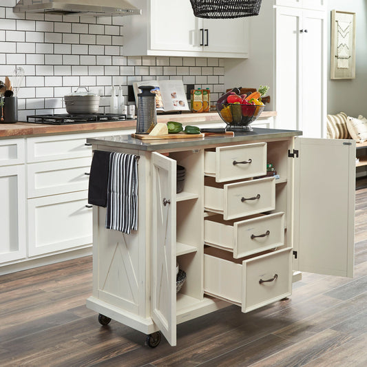Seaside Lodge Off-White Kitchen Cart - Stainless Steel Top