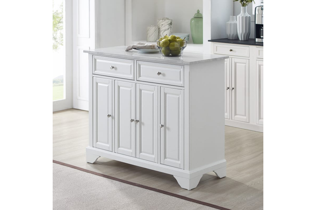 Avery Kitchen Island/Cart - Distressed White & White Marble