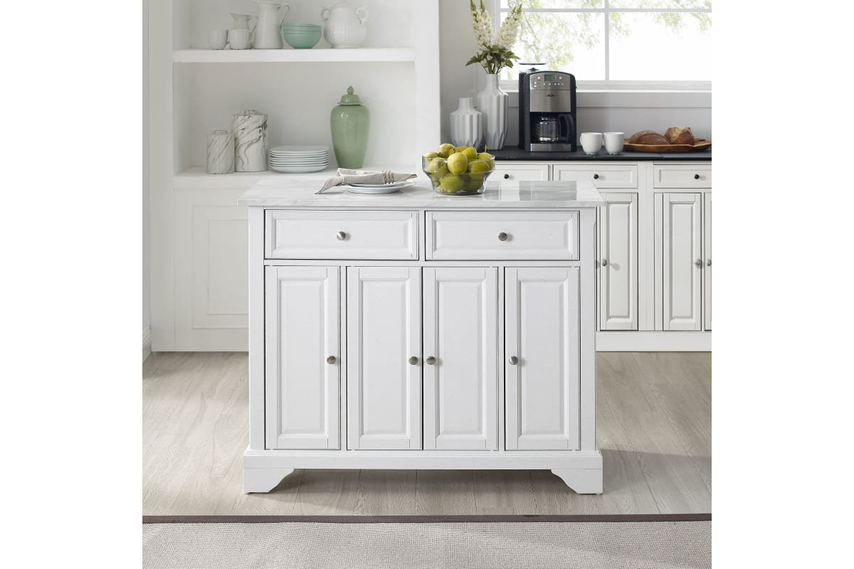 Avery Kitchen Island/Cart - Distressed White & White Marble