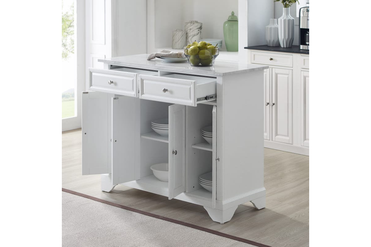 Avery Kitchen Island/Cart - Distressed White & White Marble