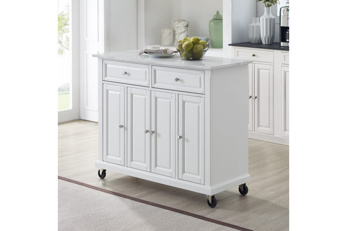 Avery Kitchen Island/Cart - Distressed White & White Marble