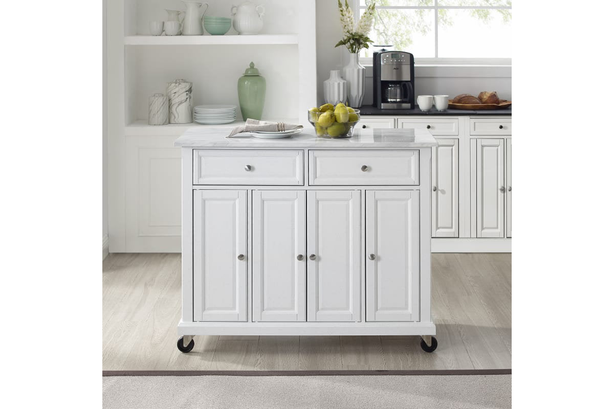 Avery Kitchen Island/Cart - Distressed White & White Marble