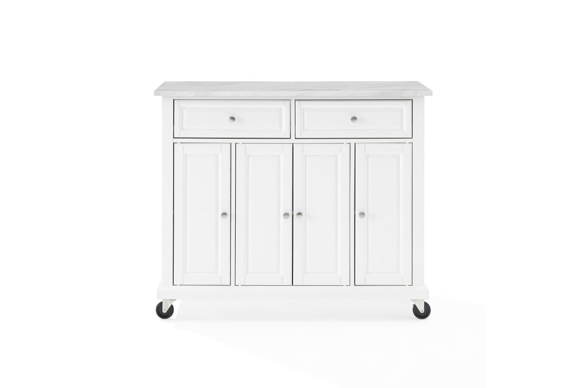 Avery Kitchen Island/Cart - Distressed White & White Marble