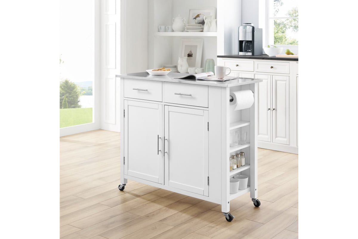 Savannah Stainless Steel Top Full Size Kitchen Island Cart White   CF3029SS WH E1 