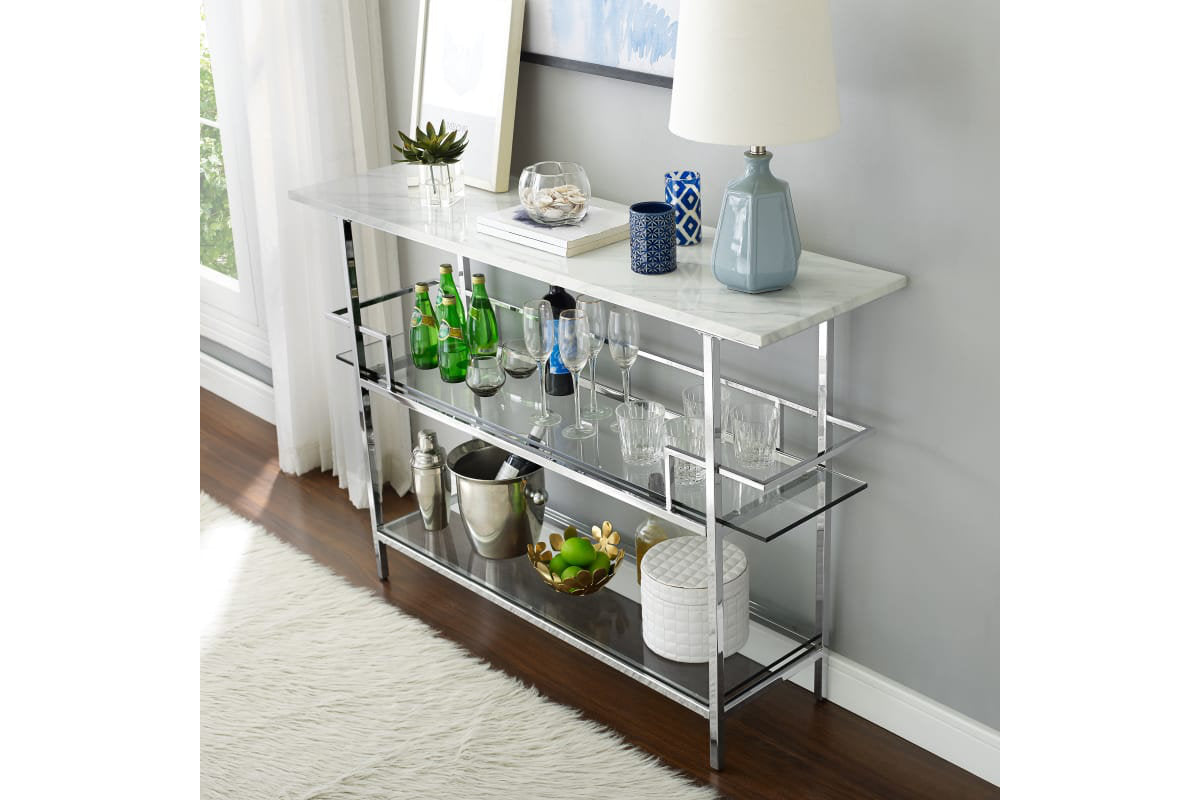 Aimee Bar W/Faux Marble Top White - Chrome Finish