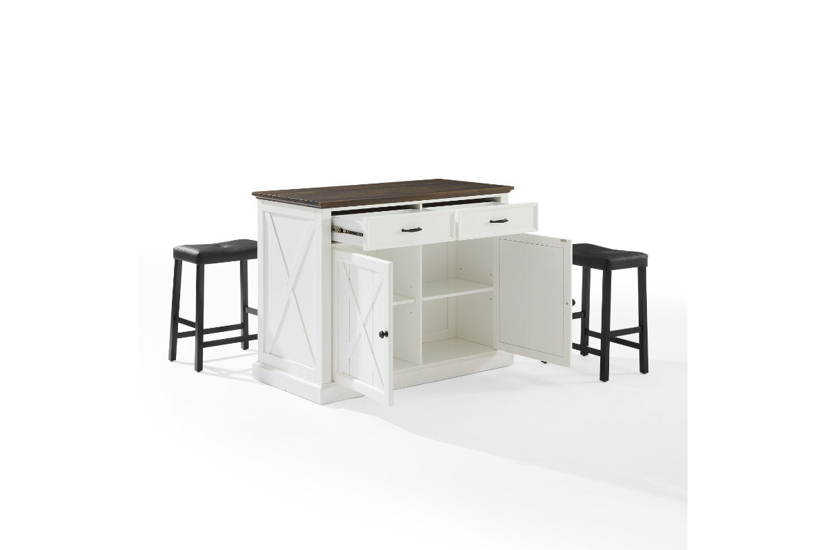 Clifton Kitchen Island W/Uph Saddle Stools - Distressed White