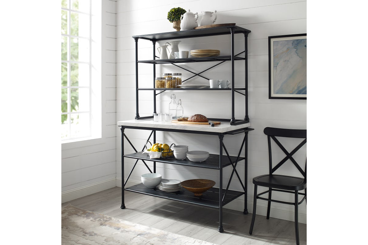 Madeleine Kitchen Island & Hutch - Black & White Faux Marble