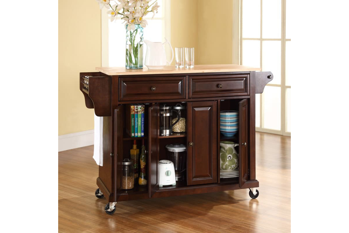 Full Size Wood Top Kitchen Cart - Mahogany & Natural