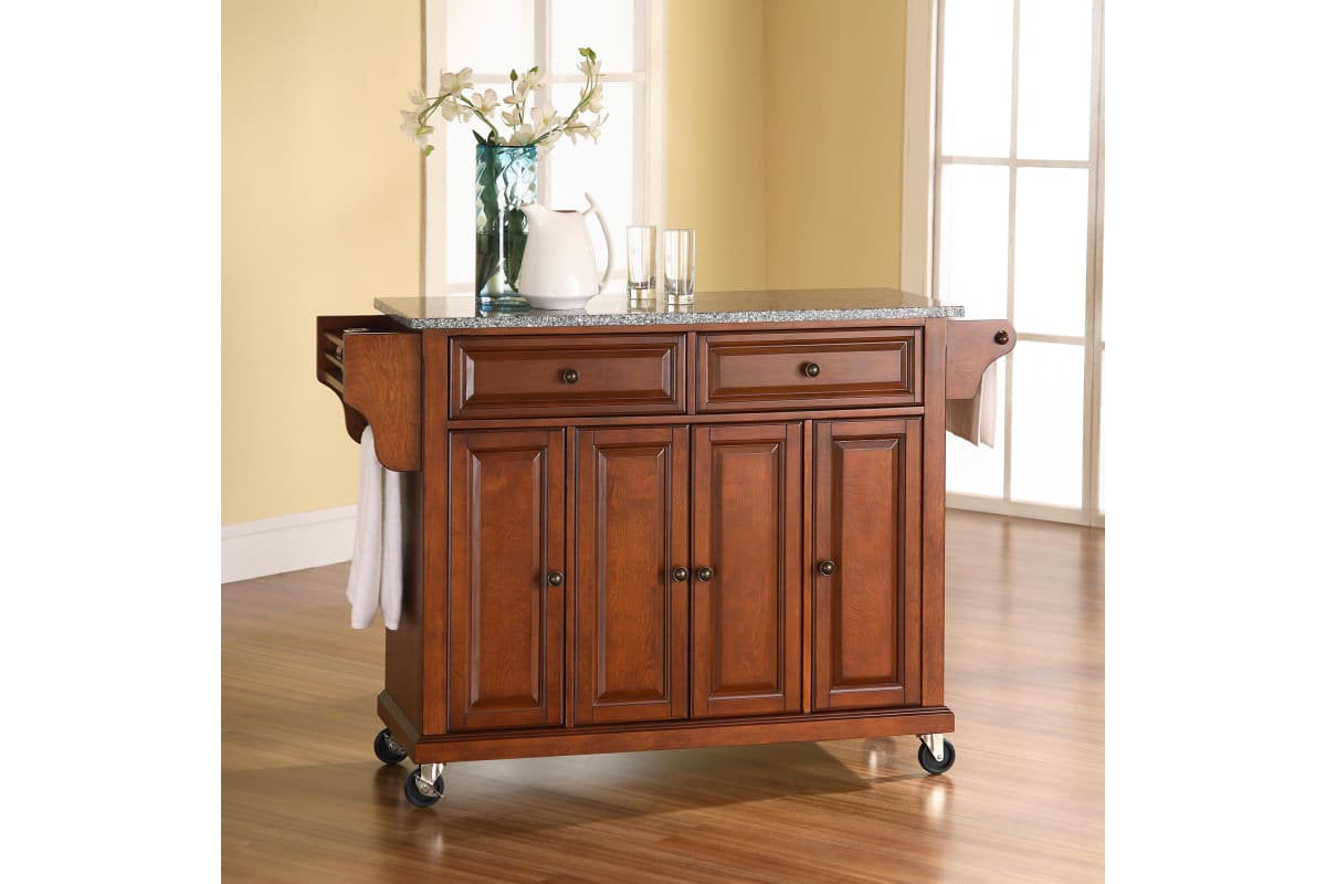 Full Size Granite Top Kitchen Cart - Cherry & Gray Granite