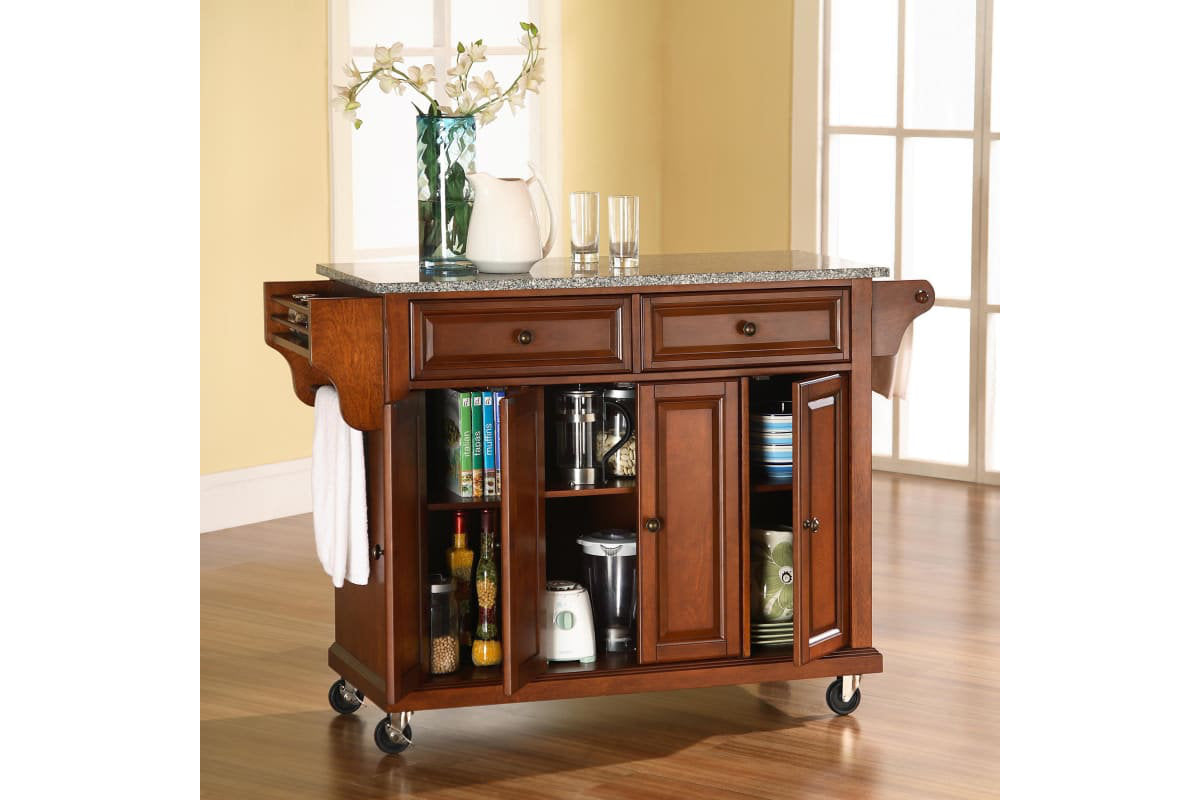 Full Size Granite Top Kitchen Cart - Cherry & Gray Granite