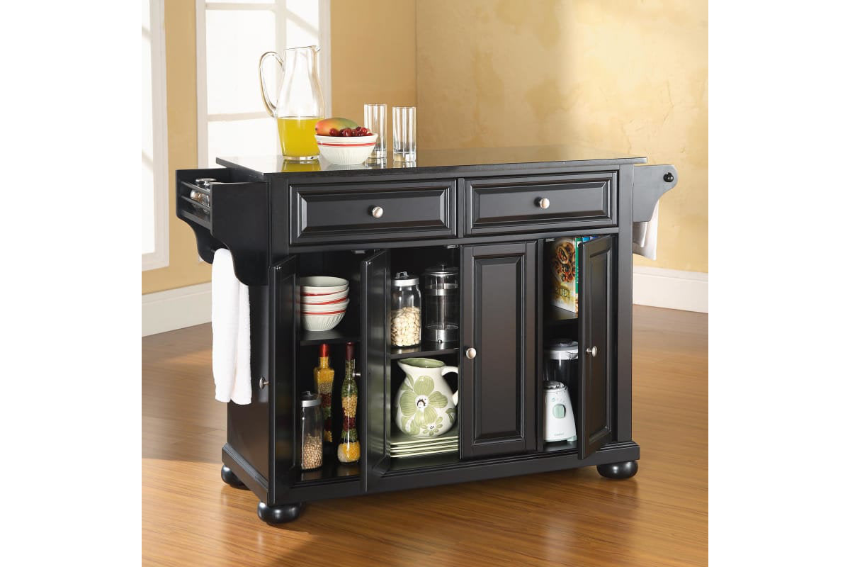 Alexandria Granite Top Full Size Kitchen Island/Cart - Black & Black Granite