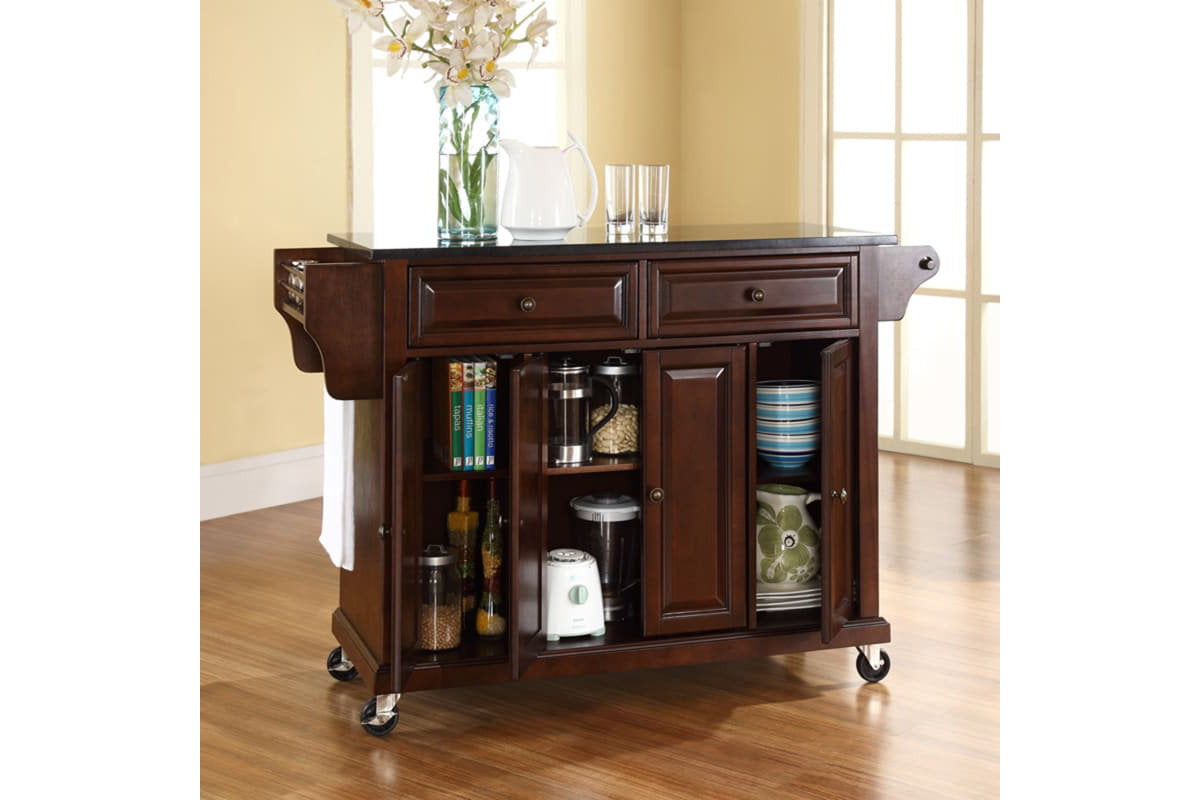 Full Size Granite Top Kitchen Cart - Mahogany & Black Granite