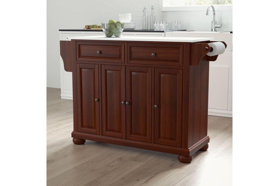 Alexandria Granite Top Full Size Kitchen Island/Cart - Mahogany & White Granite