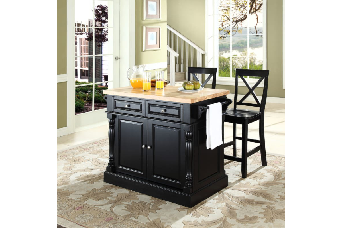 Oxford Kitchen Island W/X-Back Black  Stools - Black & Natural