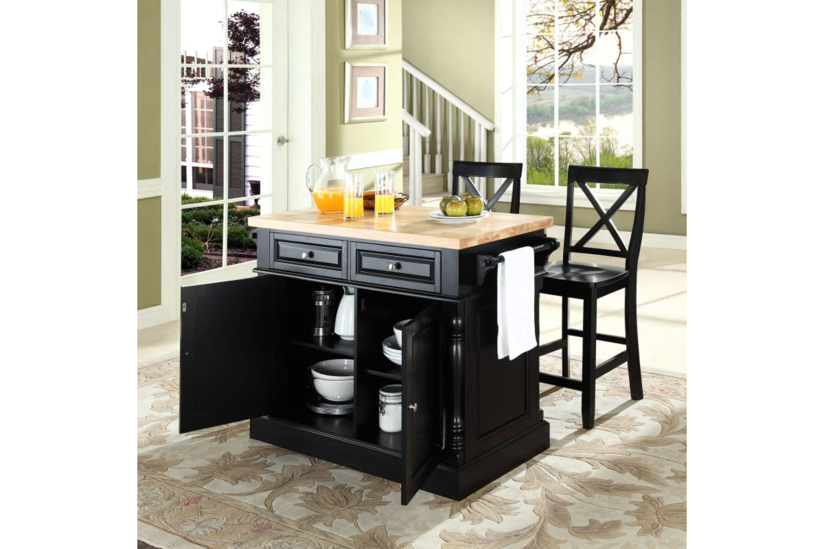 Oxford Kitchen Island W/X-Back Black  Stools - Black & Natural