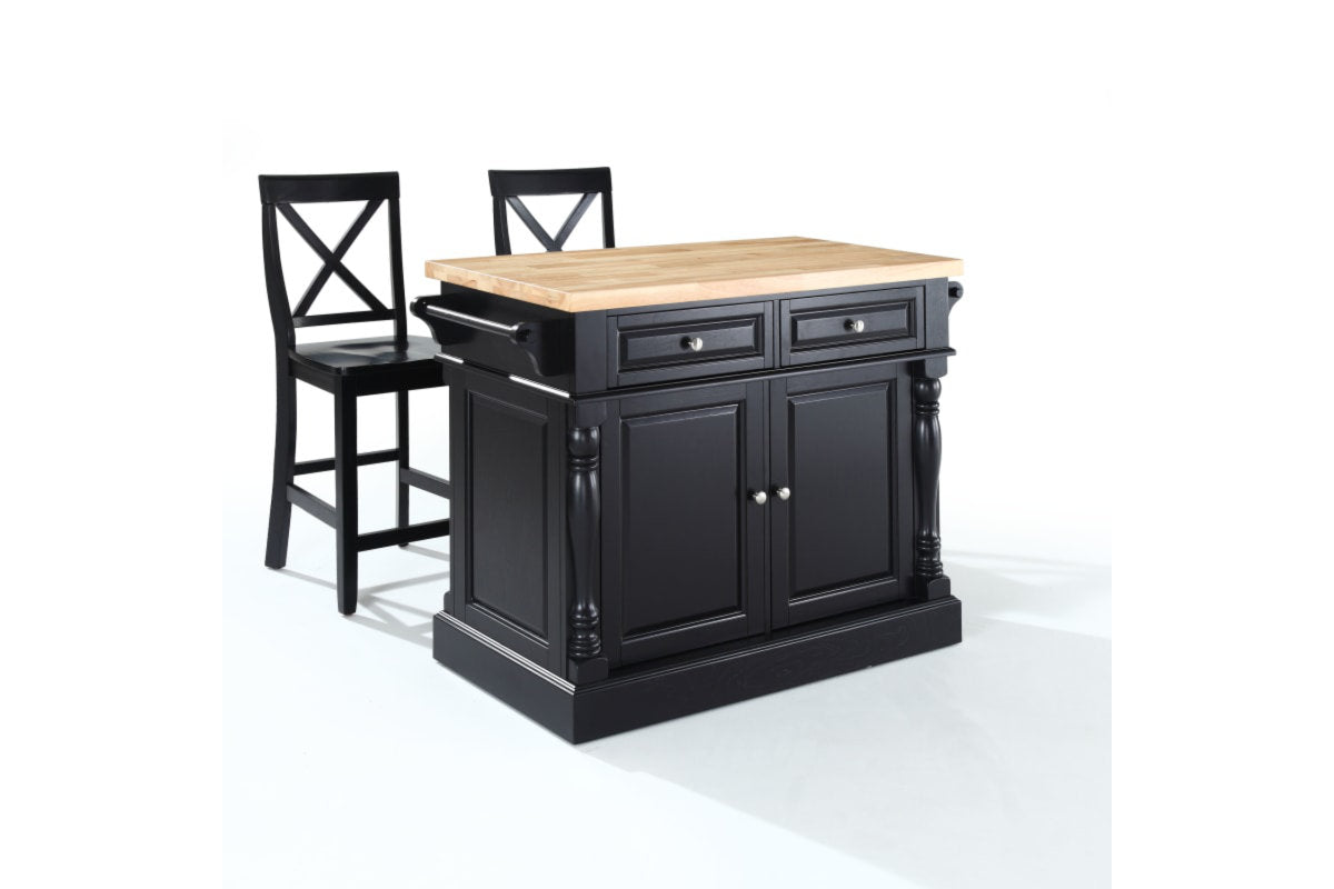 Oxford Kitchen Island W/X-Back Black  Stools - Black & Natural