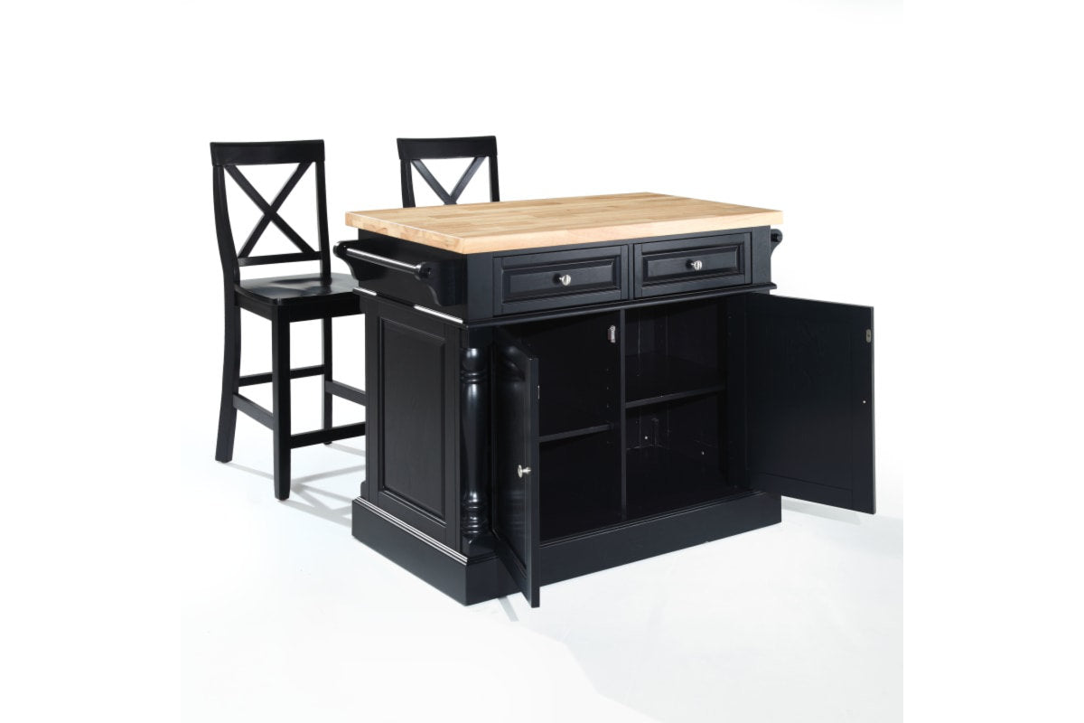 Oxford Kitchen Island W/X-Back Black  Stools - Black & Natural