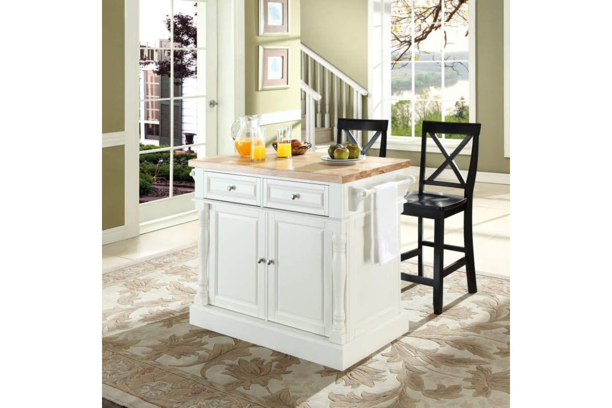 Oxford Kitchen Island W/ X-Back Black Stools - White & Natural