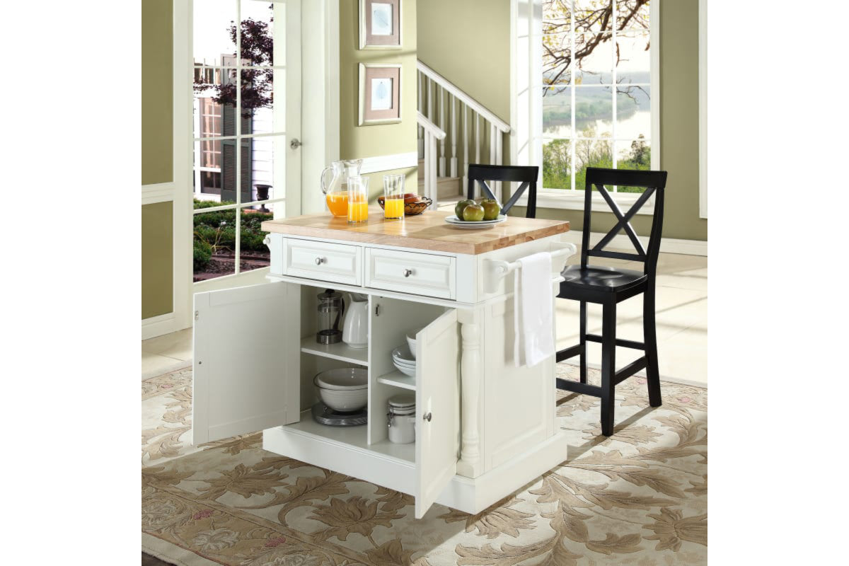 Oxford Kitchen Island W/ X-Back Black Stools - White & Natural