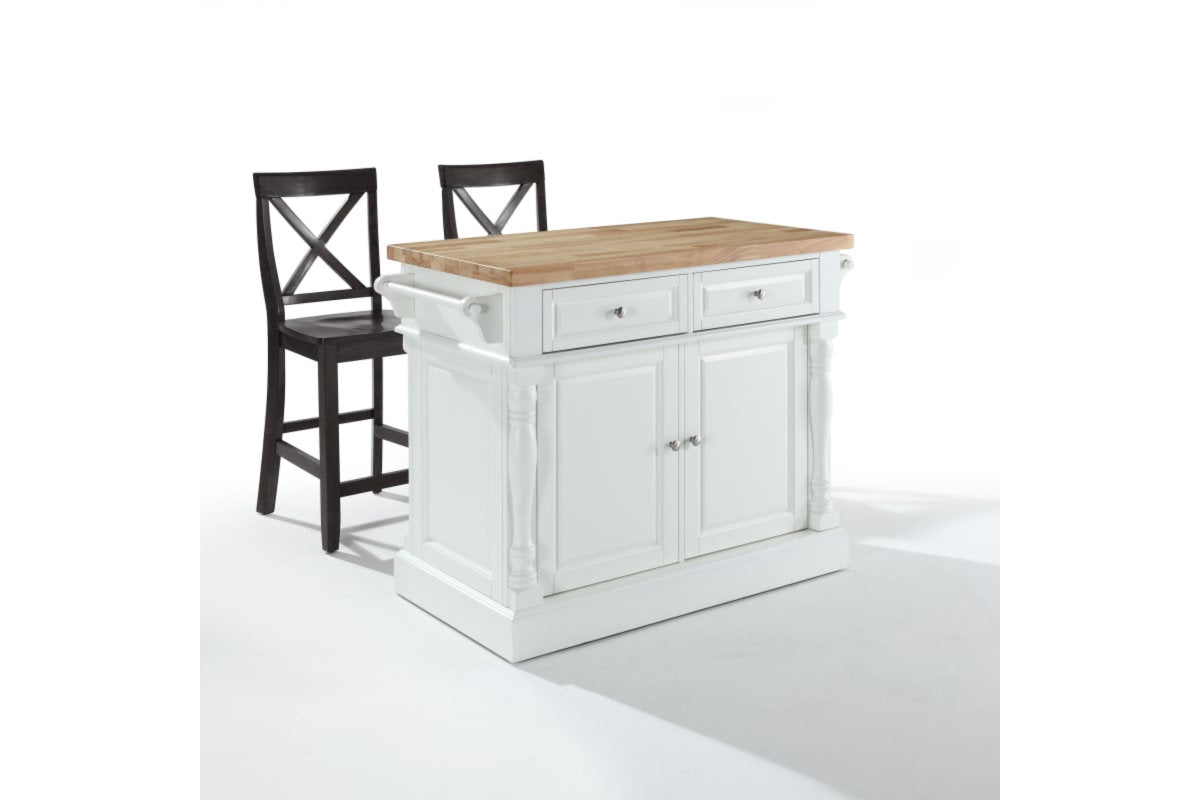 Oxford Kitchen Island W/ X-Back Black Stools - White & Natural