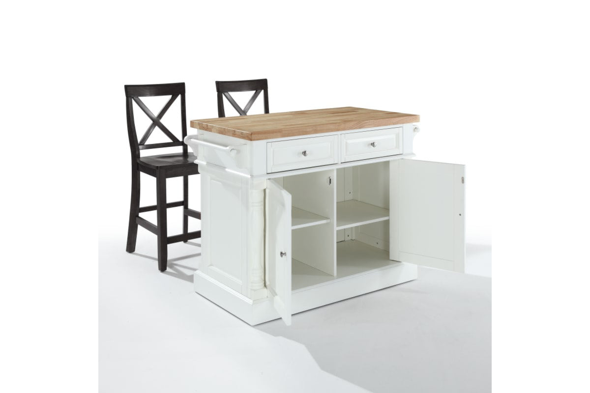 Oxford Kitchen Island W/ X-Back Black Stools - White & Natural