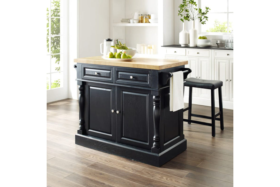 Oxford Kitchen Island W/Upholstered Saddle Stools- Black & Natural