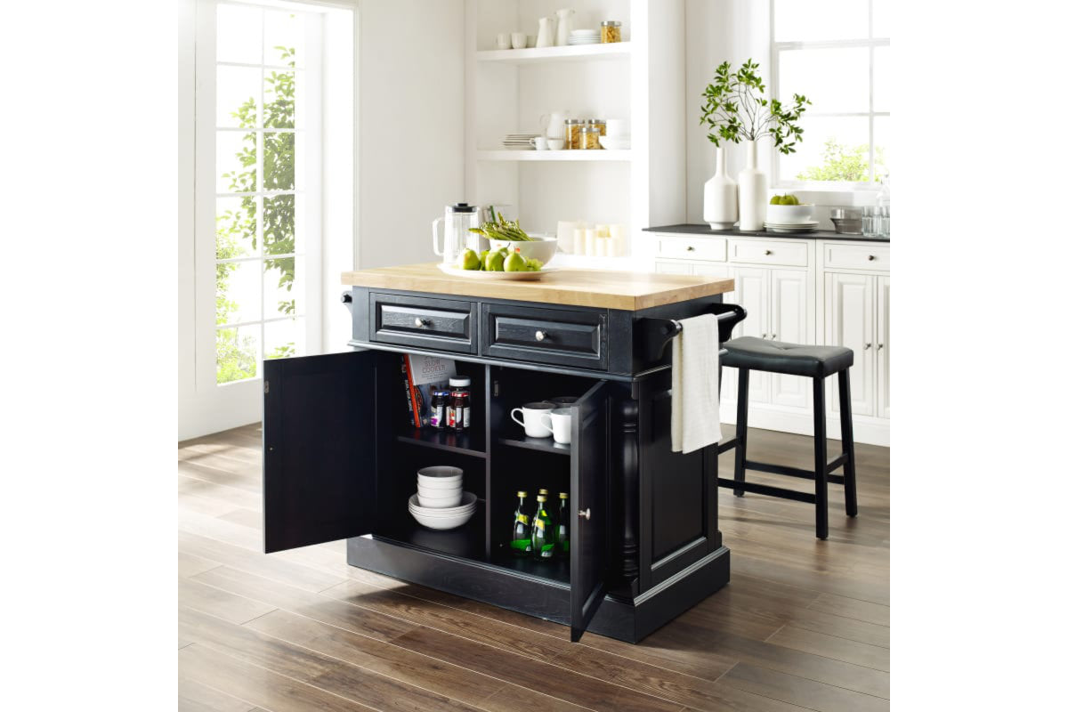 Oxford Kitchen Island W/Upholstered Saddle Stools- Black & Natural