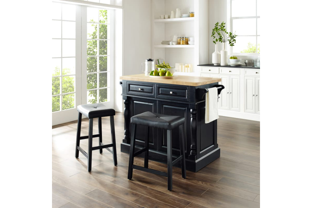 Oxford Kitchen Island W/Upholstered Saddle Stools- Black & Natural