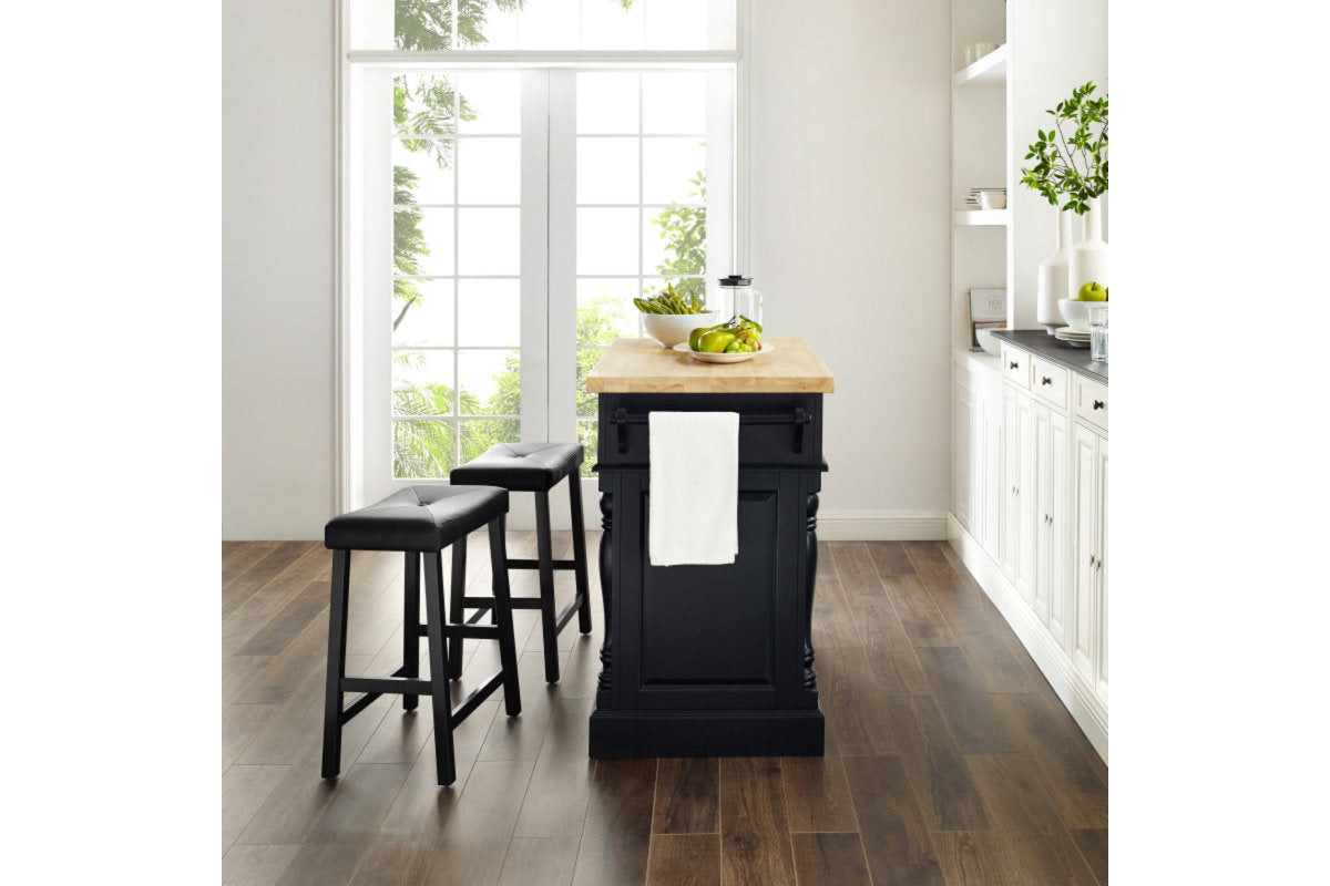 Oxford Kitchen Island W/Upholstered Saddle Stools- Black & Natural