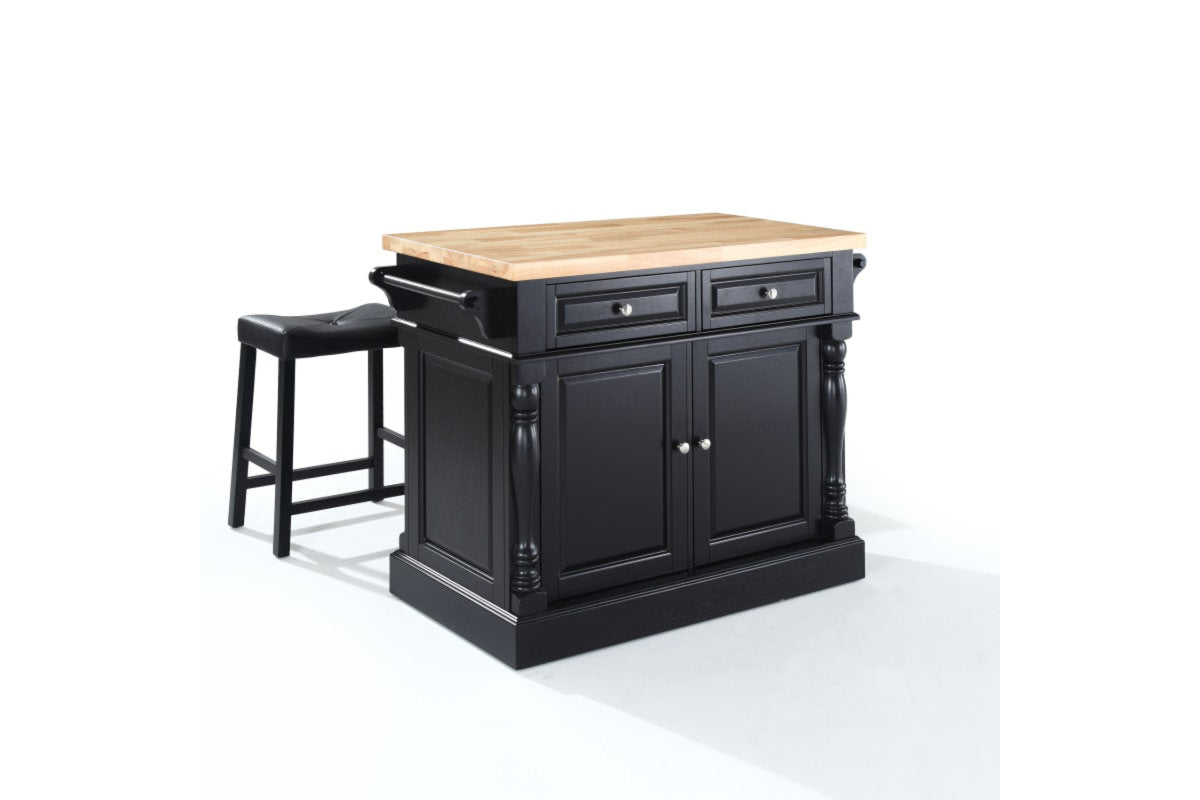 Oxford Kitchen Island W/Upholstered Saddle Stools- Black & Natural