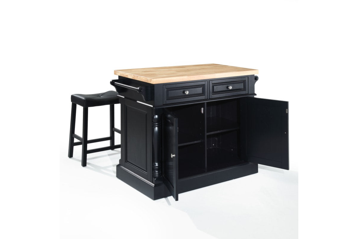 Oxford Kitchen Island W/Upholstered Saddle Stools- Black & Natural