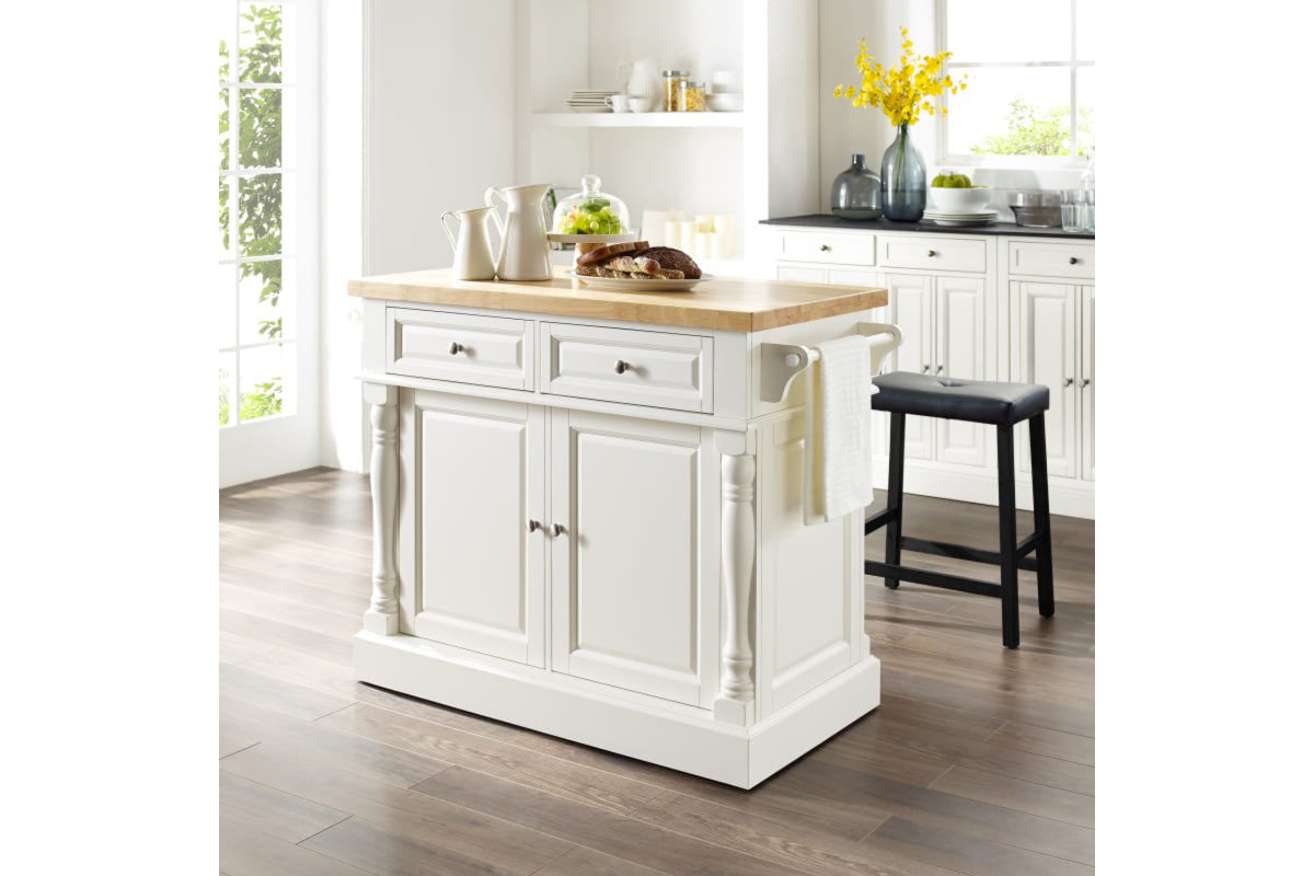 Oxford Kitchen Island W/Upholstered Saddle Stools - White & Natural