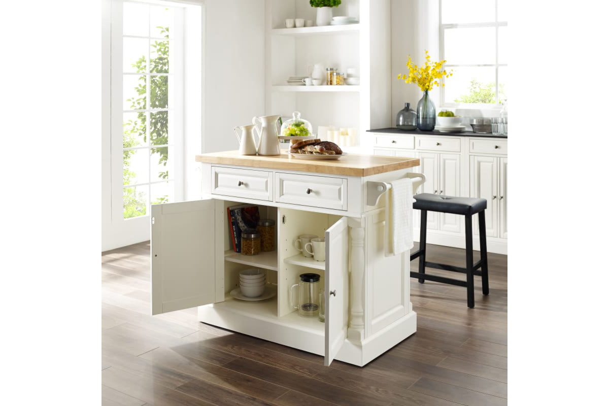 Oxford Kitchen Island W/Upholstered Saddle Stools - White & Natural