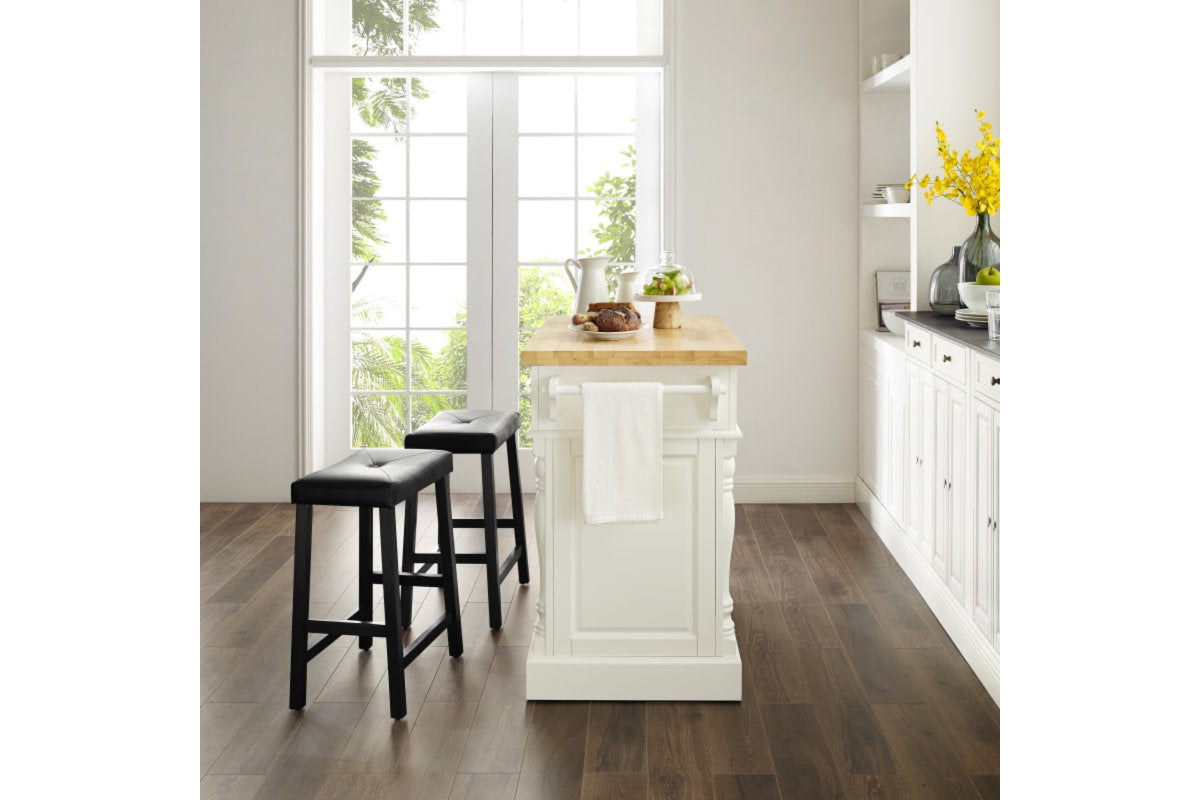 Oxford Kitchen Island W/Upholstered Saddle Stools - White & Natural