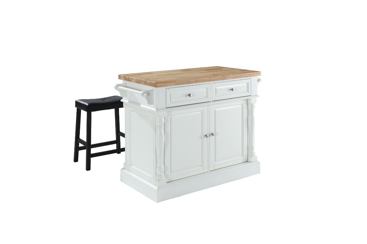 Oxford Kitchen Island W/Upholstered Saddle Stools - White & Natural