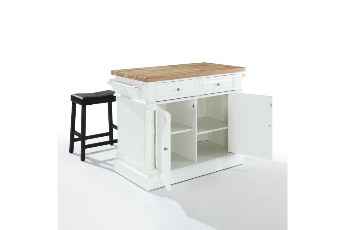 Oxford Kitchen Island W/Upholstered Saddle Stools - White & Natural