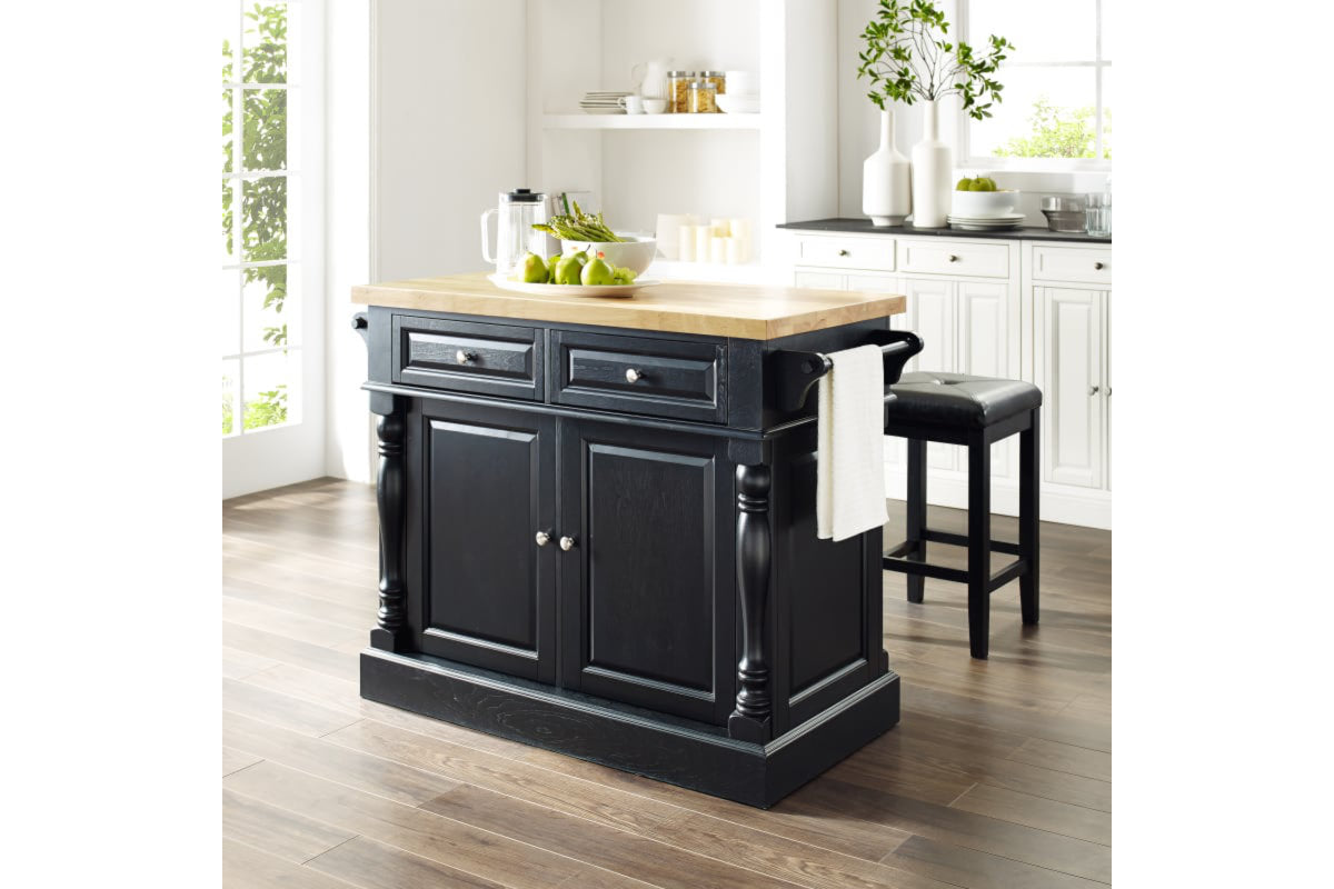 Oxford Kitchen Island W/Square Seat Stools - Black & Natural