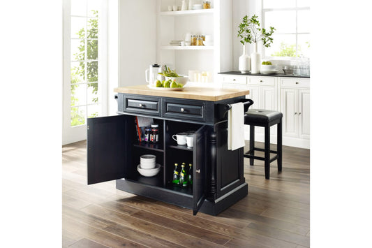 Oxford Kitchen Island W/Square Seat Stools - Black & Natural