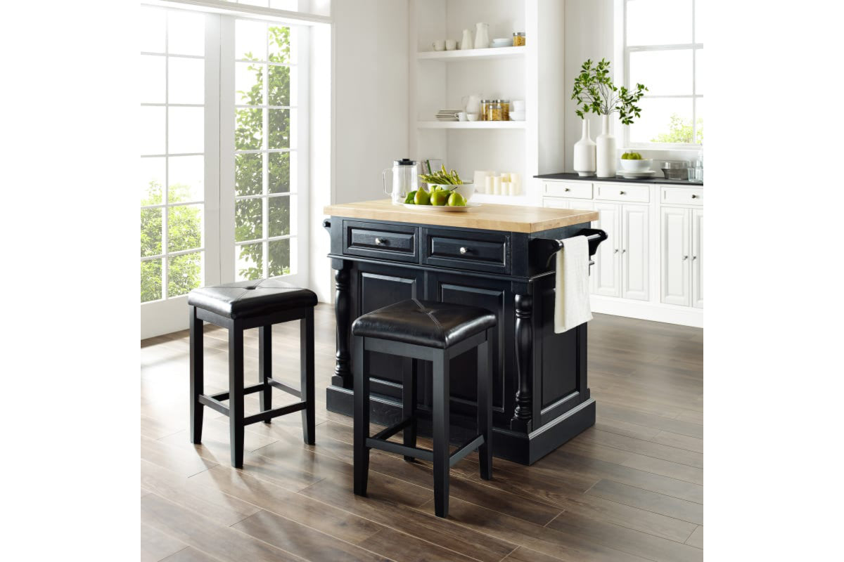 Oxford Kitchen Island W/Square Seat Stools - Black & Natural