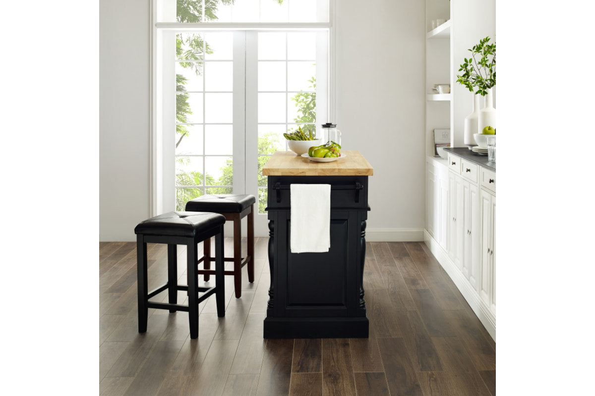 Oxford Kitchen Island W/Square Seat Stools - Black & Natural