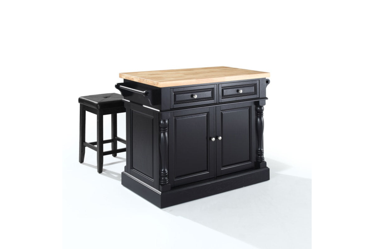 Oxford Kitchen Island W/Square Seat Stools - Black & Natural