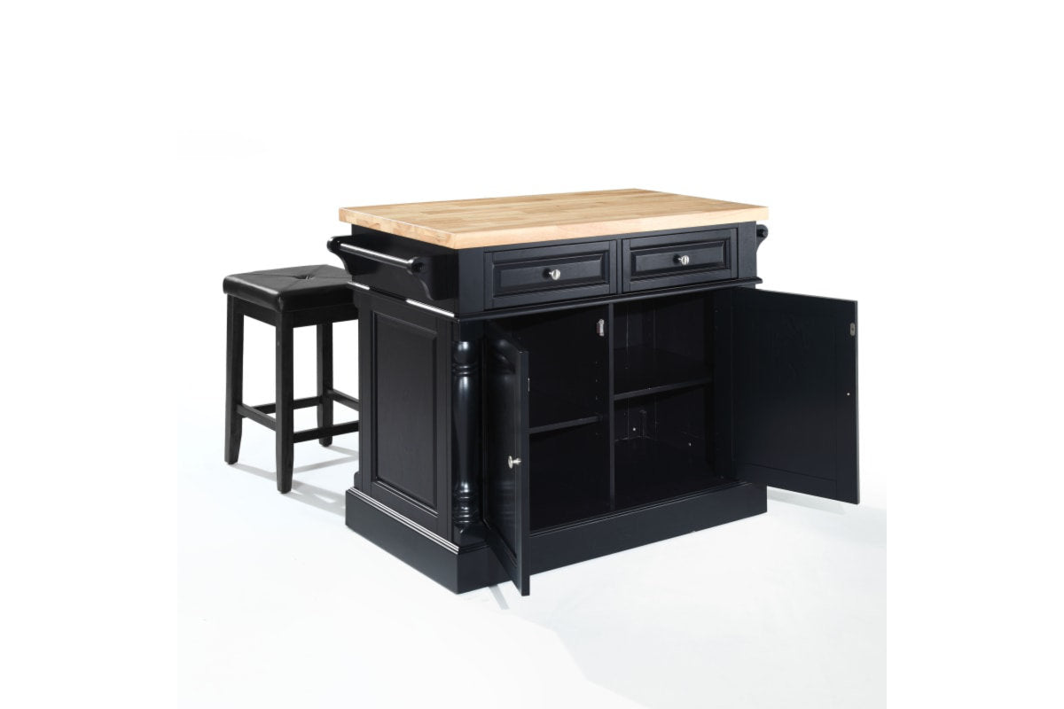 Oxford Kitchen Island W/Square Seat Stools - Black & Natural