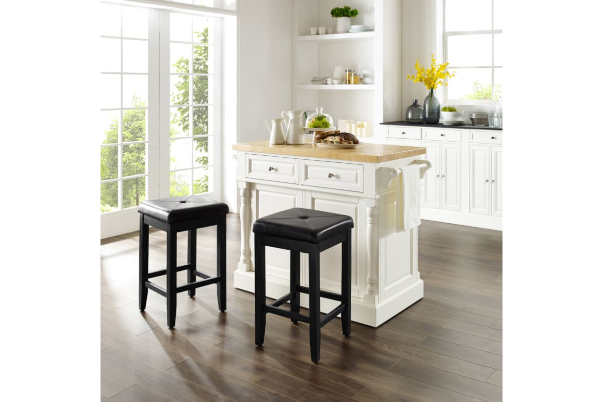 Oxford Kitchen Island W/Square Seat Stools - White & Natural